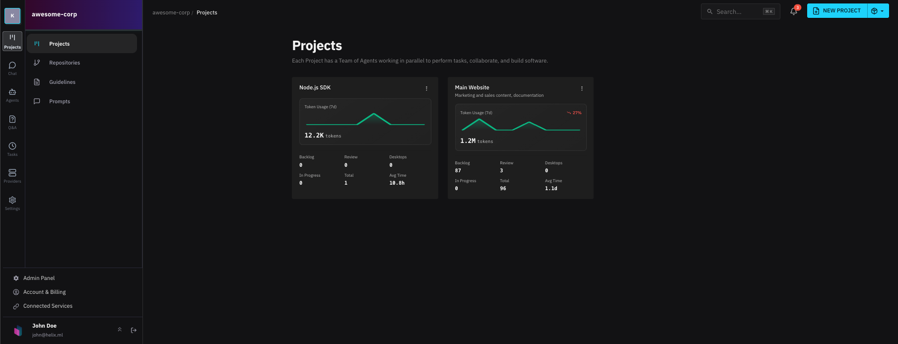 Projects board showing spec tasks organized by status
