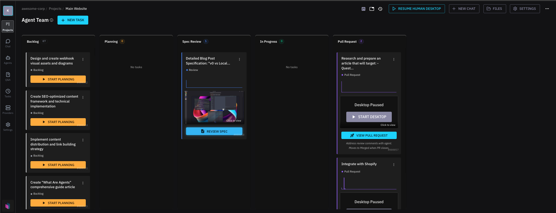 Spec task detail view showing the execution plan and status